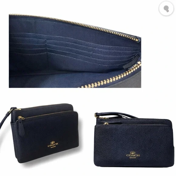 Coach Midnight Pebbled Leather Double-Zip Wristlet | Gold Hardware NWT $198 MSRP - Picture 2 of 16